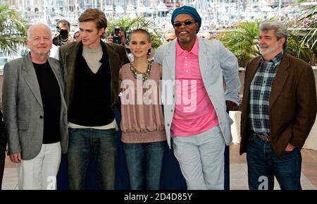 US director George Lucas (R) stands with cast members, (L to 2nd R) Ian McDiarmid,  Hayden Christensen, Natalie Portman and Samuel L. Jackson, at a photocall for his out-of-competition film 'Star Wars: Episode III - Revenge of the Sith' at the 58th Cannes Film Festival May 15, 2005.