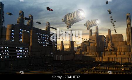 3D rendering. Ciudad futurista y naves espaciales