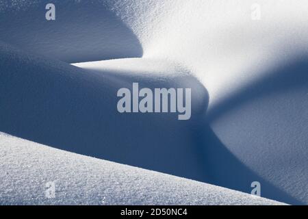 bellas líneas suaves textura de nieve drifts juego de la luz y.. sombra de un paisaje invernal en el fondo Foto de stock