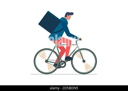 Joven mensajero masculino con mochila caja de montar en bicicleta y lleva mercancías y alimentos paquete. Servicio de pedidos de entrega ecológica de ciclo rápido. Ilustración de vector de eps planos aislados Ilustración del Vector