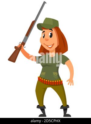  Cazador con rifle. Personaje femenino en estilo de dibujos animados Imagen Vector de stock