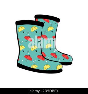 Botas de goma con diseño de paraguas y gotas de lluvia sobre fondo azul:  Calzado impermeable para un diseño de temporada con un estilo plano. Vector  aislado Imagen Vector de stock - Alamy