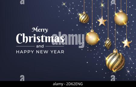 Diseño de Feliz Navidad y año Nuevo con bola de oro brillante ornamento