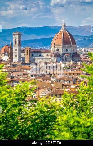 El Domo de Brunelleschi, la nave, y el Campanile de Giotto de la Catedral de Santa María de la Flor, visto desde la colina de Miguel Ángel, Florencia, Toscana, Italia, Europre