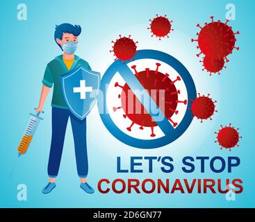 Detener el vector de coronavirus Сovid-19. Médico y prevenir el signo con el virus de la corona. Ayuda médica, búsqueda de vacunas antivirales, prevención de brotes de infección. Ilustración del Vector