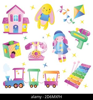 Niños juguetes vector dibujos animados estilo. Juguetes coqueta multicolor para niño y niña. Tienda de regalos artículos de diseño conjunto. Ilustración del Vector