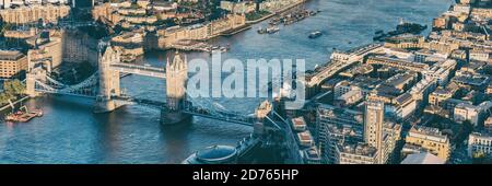 Vista aérea panorámica desde arriba de la ciudad de Londres y el río Támesis, Inglaterra, Reino Unido. Europa destino de viaje paisaje urbano. Banner de cultivo