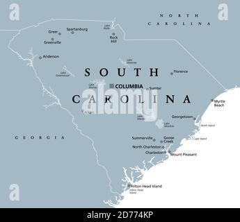 Carolina del Sur, SC, mapa político gris, con la capital Columbia, las ciudades más grandes y las fronteras. Estado en la región sureste de los Estados Unidos. Foto de stock