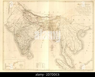 Mapa del siglo XIX de la India e Indochina de Plantae Asiaticae rariores, o, descripciones y figuras de un número selecto de plantas inéditas del este volumen III por Nathaniel Wolff Wallich. Publicado en Londres en 1832 Foto de stock