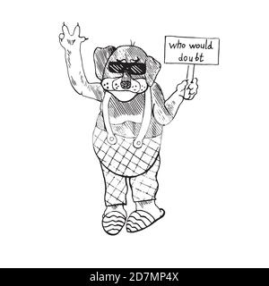 Personaje de dibujos animados de perro funky cerrado en overoles y pantuflas en gafas de sol mostrando la paz y sosteniendo la bandera que dudaría, mano dibujado fideos sketc Fotografía de stock - Personaje de dibujos animados de perro funky cerrado en overoles y pantuflas en gafas de sol mostrando la paz y sosteniendo la bandera que dudaría, mano dibujado fideos sketc Fotografía de stock -