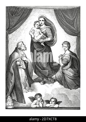 Antigua ilustración del siglo XIX que representa a la Virgen Sistina, pintura al óleo de Rafael (terminado ca. 1513-1514). Grabado publicado en Systematischer B. Foto de stock