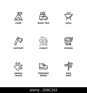 Vector conjunto de elementos de diseño, plantilla de diseño de logotipo, iconos y distintivos para camping. Conjunto de iconos de línea, trazo editable. Ilustración del Vector