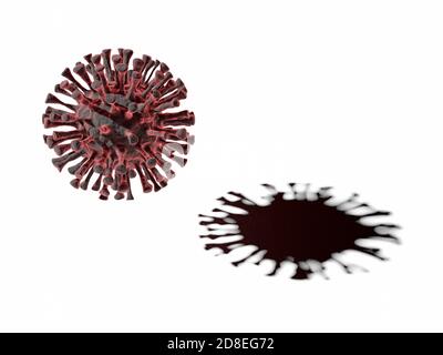 Virus del coronavirus covid-19 con sombra aislada sobre blanco. renderizado en 3d