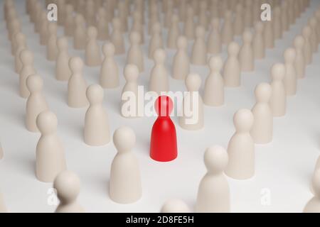 Figura de peón rojo rodeada de peones blancos. Enfoque selectivo. Ilustración 3d del concepto de diferencia.