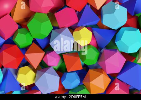 Polihedra de diferentes colores. Sólidos platónicos. ilustración 3d.