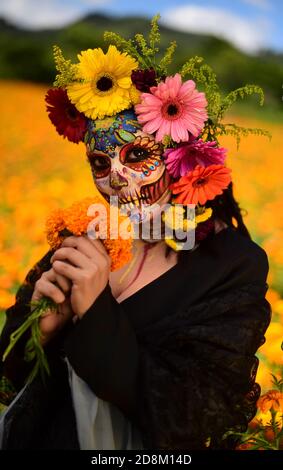 NAOLINCO, MÉXICO - OCTUBRE 29: Una mujer vestida con un vestido negro y hecha como la catrina tradicional, con flores en la cabeza, mira la cámara mientras posas para un fotoshoot, en medio de un campo de flores Cempasuchil, Estas flores son típicas en la temporada del día de los muertos y se utilizan para dar color a las ofrendas, en la ciudad de San Pablo Coapan. El 29 de octubre de 2020 en Naolinco, México. Crédito: Oscar Martínez/Grupo Eyepix/el acceso a la Foto Foto de stock