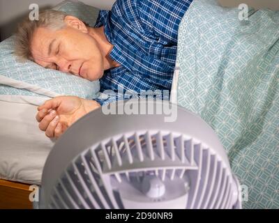 Un ventilador que sopla apuntando a un hombre mayor usando pijamas / pijamas, acostado en la cama durante el tiempo caliente. El hombre podría estar mal o simplemente durmiendo normalmente.