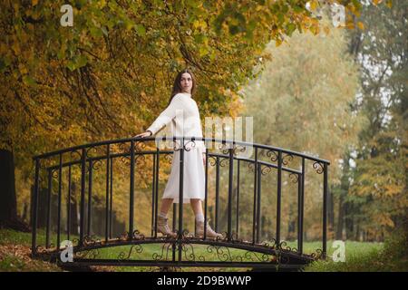 Joven hermosa mujer en hite suéter acogedor en el puente en el parque natural en el día de otoño. Foto de stock