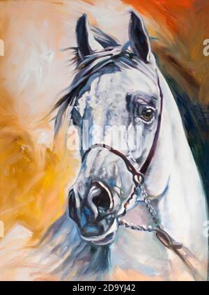 Aceite de caballo árabe blanco sobre lienzo original obra de arte hecha a mano Foto de stock