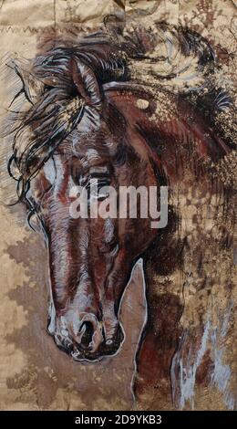 Cabeza de caballo retrato dibujo de carbón en papel marrón Foto de stock