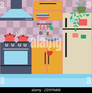 Cocina con muebles estilo plano ilustración vectorial. Estilo de