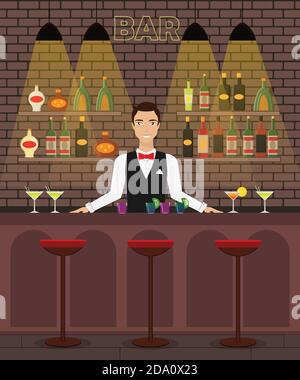 Bar, pub interior plano vector ilustración con botellas, vasos, cócteles. Barman barman en el bar con vino, alcoagujero dreenks. Ilustración del Vector