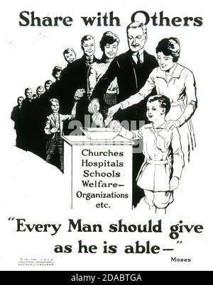 Póster de la campaña de la YMCA "Semana Nacional de la Tía" en 1920, animando a la gente a donar generosamente y compartir con otros. FUENTE: TOBOGÁN DE VIDRIO