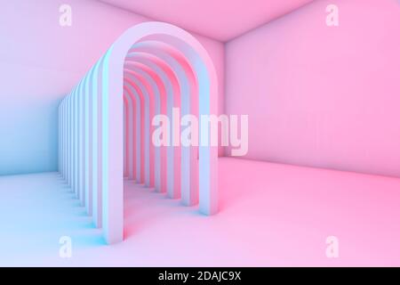 Pasillo de arcos en una habitación vacía con iluminación colorida, fondo digital abstracto, ilustración de representación 3d