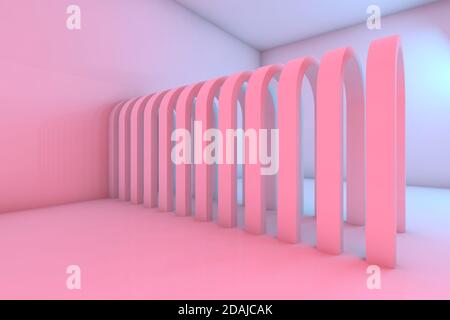 Pasillo de arcos en un interior vacío habitación con iluminación colorida, fondo abstracto cgi. ilustración de renderización 3d