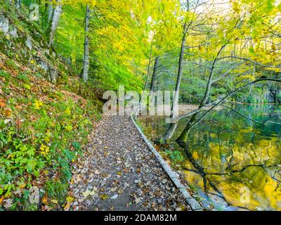 Impresionantes lagos de Plitvice parque nacional en Croacia Europa tranquilidad tranquilo, suave, zen, espléndido, precioso, idílicos colores vibrantes Foto de stock