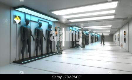 renderización 3d. Escena futurista y figura humanoide