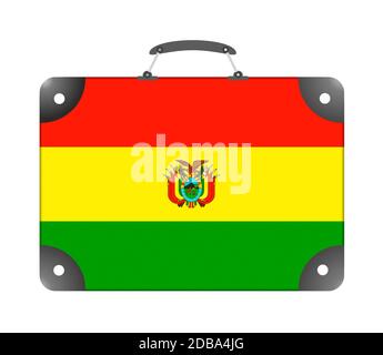 Bolivia bandera del país en forma de maleta de viaje sobre un fondo blanco - ilustración Foto de stock