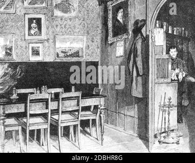 El grabado de 1884 muestra la sala Devrient en la famosa bodega Lutter und Wegner, que se encuentra en Charlottenstrasse 49, esquina Franzoesische Strasse en Berlín-Mitte. Foto de stock