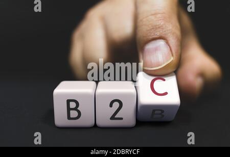 B2B cambios en B2C - concepto de prioridades de negocio. La mano se vuelve un Dice y cambia la Palabra a B2C. Foto de stock