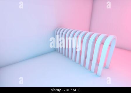 Los arcos en una fila están en una habitación vacía con iluminación colorida, fondo digital abstracto, ilustración de representación en 3d