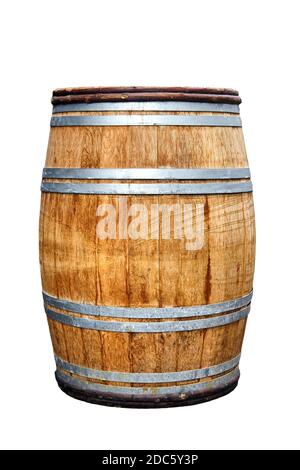 público fuerte acelerador Antiguo barril de madera para vino con anillo de acero. Aislado sobre fondo  blanco Fotografía de stock - Alamy
