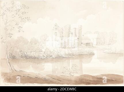 James Bulwer, (artista), británico, 1794 - 1879, Castillo de Rheban en el río Barrow, Athy, grafito y tiza negra con lavado marrón en cartón, total (aproximado): 18.1 x 26.2 cm (7 1/8 x 10 5/16 pulg