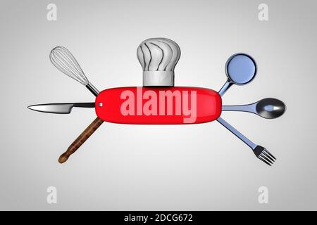 Juego de cocinar rojo utensilios de cocina y vajilla. Las ollas y sartenes,  3D rendering aislado sobre fondo blanco Fotografía de stock - Alamy