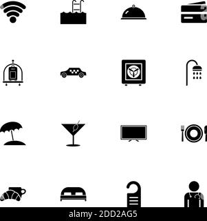 Icono de hotel - ampliar a cualquier tamaño - Cambiar a cualquier color. Perfect Flat Vector contiene iconos como taxi coche, caja fuerte, ducha, vidrio martini, médico, crema Ilustración del Vector