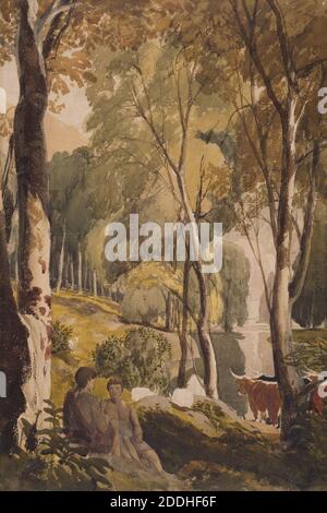 Pastoral con ganado y figuras en una Glade, 1805-1870 Cornelius Varley, árbol, paisaje, acuarela, Animal, vaca, campo, Bosque Foto de stock