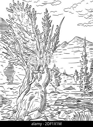 Ilustración de estilo retro en madera del árbol Prometheus y Wheeler Peak En el Parque Nacional de la Gran Cuenca, ubicado en el Condado de White Pine En el centro-este de Nevada Ilustración del Vector