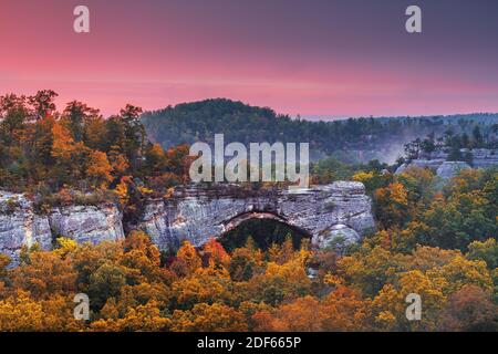 Daniel Boone National Forest, Kentucky, EE.UU. En el Arco Natural al atardecer en otoño.
