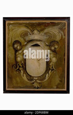 pintura, Willem van Ingen, ca. 1680, lienzo, pintura al óleo, contrachapado, portador: 79.5 × 69.5 × 0.5cm (795 × 695 × 5mm), con marco: 88.5 × 79 4.5cm (885 × 790 × 45mm), paloma, ángel, plomo, grisaille que representa una paloma descendente, simbolizando la proclamación del nacimiento de Cristo. La paloma está representada en un escudo coronado, flanqueada por dos ángeles herms de aspecto exterior. El escudo coronado está cubierto con una corona y ramas de palma. No firmado. La pintura está en un marco de madera pintado en negro con un borde interior dorado, 1926 Foto de stock