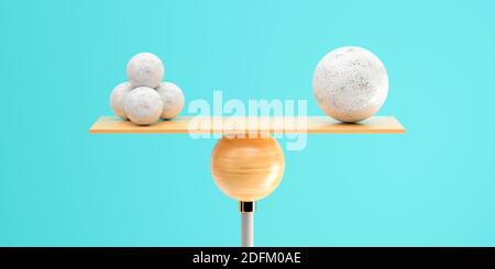 balanza de madera que equilibra una bola grande y cuatro pequeñas sobre fondo azul claro - ilustración 3d Foto de stock