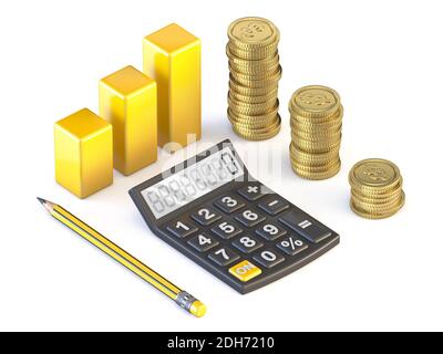 Presupuesto concepto finanzas gráfico, calculadora, monedas de oro y lápiz 3D