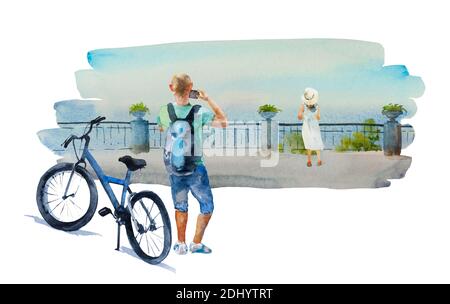 Hombre acuarela con bicicleta haga una foto de la orilla del mar con una niña joven vestido blanco cerca de las banisters. Original concepto de viaje pintado a mano de vacaciones