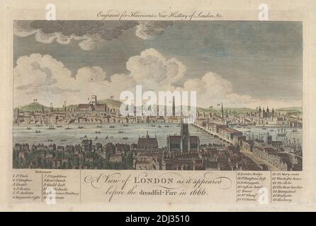 Una vista de Londres como apareció ante el terrible Fuego en 1666, artista desconocido, siglo XVII-XVIII, después de artista desconocido, sin fecha, grabado de color a mano Foto de stock