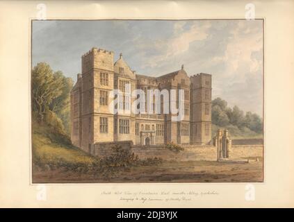South West View of Fountains Hall, near the Abbey, Yorkshire perteneciente a Miss Larvience of Studley Royal, John Buckler FSA, 1770–1851, British, y John Chessell Buckler, 1793–1894, British, 1811, Watercolor y pluma y tinta negra en papel de paloma de color crema moderadamente grueso, Hoja: 14 × 19 3/4 pulgadas (35.6 × 50.2 cm) e imagen: 11 × 15 3/8 pulgadas (27.9 × 39.1 cm), tema arquitectónico, almenas, casa de campo, gables holandeses, Elizabethque, salmones, ventanas, Inglaterra, Europa, Fountains Abbey, North Yorkshire, Reino Unido