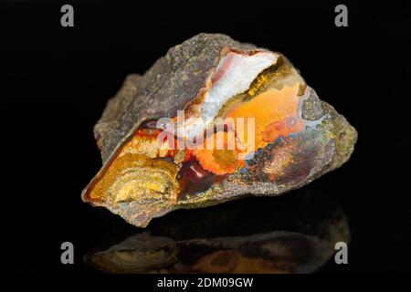 Sección transversal de piedra preciosa de Jasper con espejo sobre fondo negro. Primer plano de roca mineral pulida cortada. Hermosa pieza coleccionable de colores.