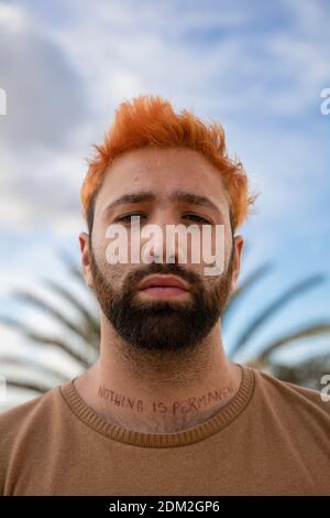 Retrato de un joven coronado por hojas con barba, pelo naranja y cuello tatuado nada es permanente Foto de stock